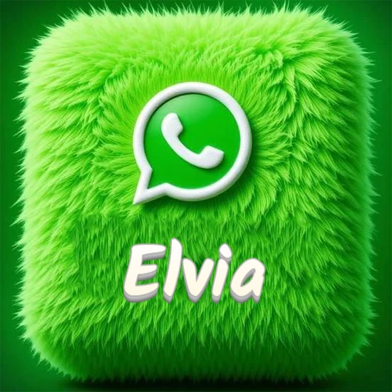 Cubo gigante cubierto de suave pelaje verde con el logotipo blanco de WhatsApp en 3D incrustado. Nombre en blanco suave que sigue la textura del pelaje en la parte inferior. Diseño con el nombre Elvia.