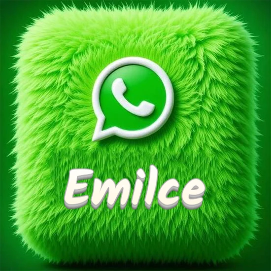 Cubo gigante cubierto de suave pelaje verde con el logotipo blanco de WhatsApp en 3D incrustado. Nombre en blanco suave que sigue la textura del pelaje en la parte inferior. Diseño con el nombre Emilce.