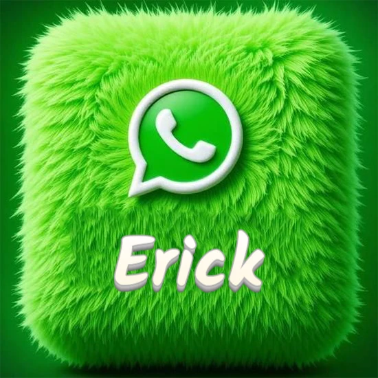 Cubo gigante cubierto de suave pelaje verde con el logotipo blanco de WhatsApp en 3D incrustado. Nombre en blanco suave que sigue la textura del pelaje en la parte inferior. Diseño con el nombre Erick.