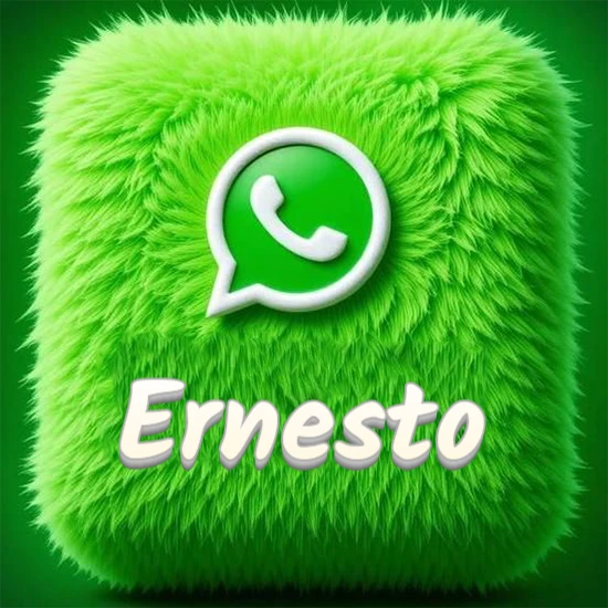 Cubo gigante cubierto de suave pelaje verde con el logotipo blanco de WhatsApp en 3D incrustado. Nombre en blanco suave que sigue la textura del pelaje en la parte inferior. Diseño con el nombre Ernesto.