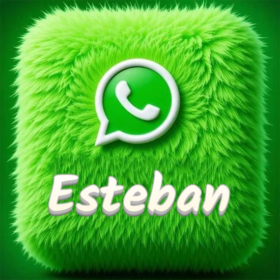 Cubo gigante cubierto de suave pelaje verde con el logotipo blanco de WhatsApp en 3D incrustado. Nombre en blanco suave que sigue la textura del pelaje en la parte inferior. Diseño con el nombre Esteban.