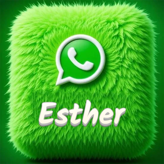 Cubo gigante cubierto de suave pelaje verde con el logotipo blanco de WhatsApp en 3D incrustado. Nombre en blanco suave que sigue la textura del pelaje en la parte inferior. Diseño con el nombre Esther.