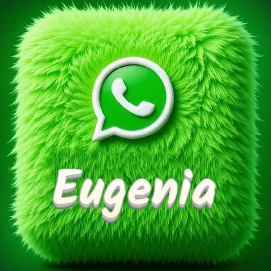 Cubo gigante cubierto de suave pelaje verde con el logotipo blanco de WhatsApp en 3D incrustado. Nombre en blanco suave que sigue la textura del pelaje en la parte inferior. Diseño con el nombre Eugenia.