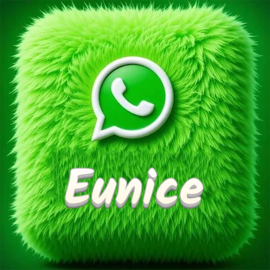 Cubo gigante cubierto de suave pelaje verde con el logotipo blanco de WhatsApp en 3D incrustado. Nombre en blanco suave que sigue la textura del pelaje en la parte inferior. Diseño con el nombre Eunice.