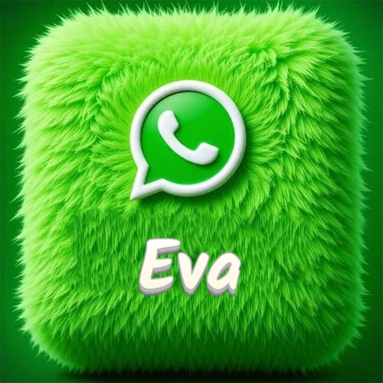 Cubo gigante cubierto de suave pelaje verde con el logotipo blanco de WhatsApp en 3D incrustado. Nombre en blanco suave que sigue la textura del pelaje en la parte inferior. Diseño con el nombre Eva.