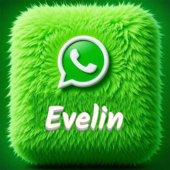 Cubo gigante cubierto de suave pelaje verde con el logotipo blanco de WhatsApp en 3D incrustado. Nombre en blanco suave que sigue la textura del pelaje en la parte inferior. Diseño con el nombre Evelin.