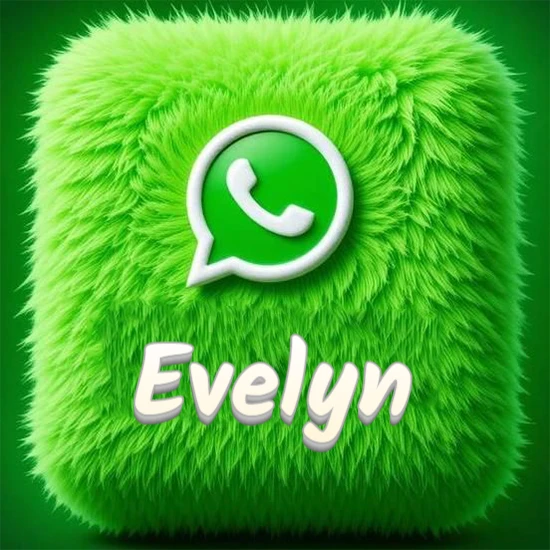 Cubo gigante cubierto de suave pelaje verde con el logotipo blanco de WhatsApp en 3D incrustado. Nombre en blanco suave que sigue la textura del pelaje en la parte inferior. Diseño con el nombre Evelyn.