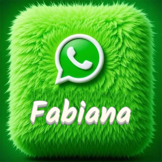 Cubo gigante cubierto de suave pelaje verde con el logotipo blanco de WhatsApp en 3D incrustado. Nombre en blanco suave que sigue la textura del pelaje en la parte inferior. Diseño con el nombre Fabiana.