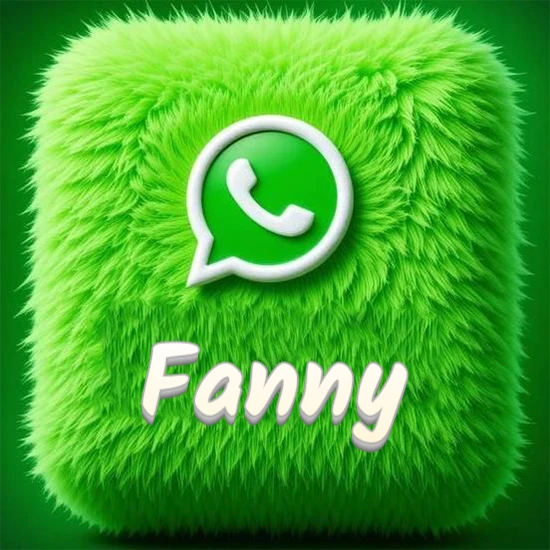 Cubo gigante cubierto de suave pelaje verde con el logotipo blanco de WhatsApp en 3D incrustado. Nombre en blanco suave que sigue la textura del pelaje en la parte inferior. Diseño con el nombre Fanny.