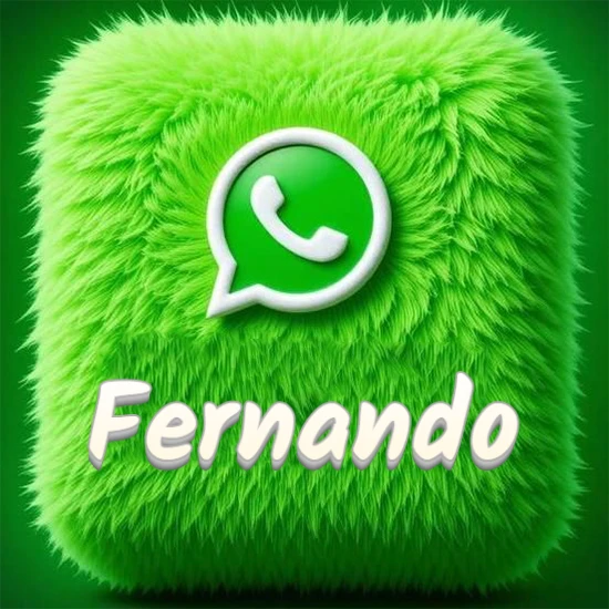 Cubo gigante cubierto de suave pelaje verde con el logotipo blanco de WhatsApp en 3D incrustado. Nombre en blanco suave que sigue la textura del pelaje en la parte inferior. Diseño con el nombre Fernando.