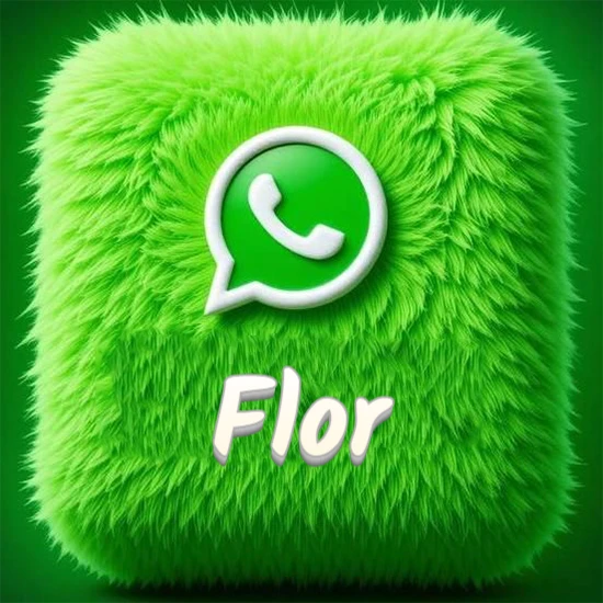 Cubo gigante cubierto de suave pelaje verde con el logotipo blanco de WhatsApp en 3D incrustado. Nombre en blanco suave que sigue la textura del pelaje en la parte inferior. Diseño con el nombre Flor.