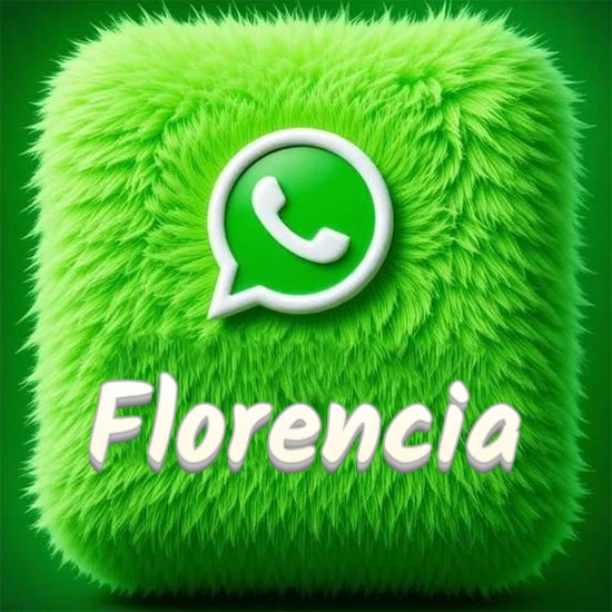 Cubo gigante cubierto de suave pelaje verde con el logotipo blanco de WhatsApp en 3D incrustado. Nombre en blanco suave que sigue la textura del pelaje en la parte inferior. Diseño con el nombre Florencia.