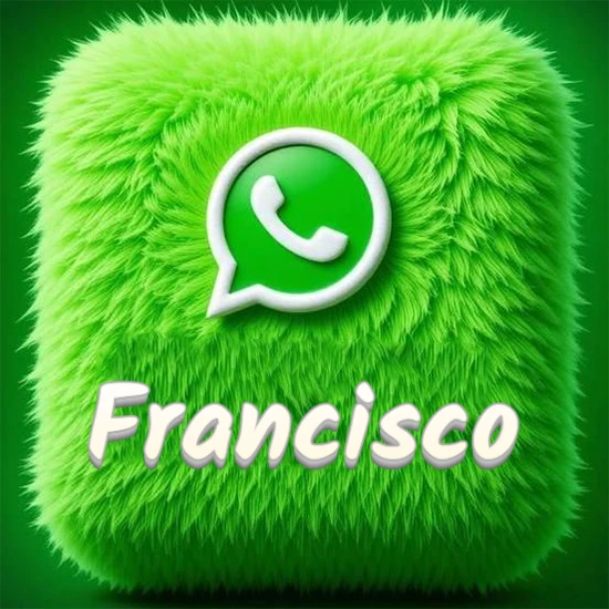 Cubo gigante cubierto de suave pelaje verde con el logotipo blanco de WhatsApp en 3D incrustado. Nombre en blanco suave que sigue la textura del pelaje en la parte inferior. Diseño con el nombre Francisco.