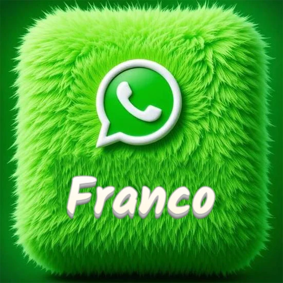 Cubo gigante cubierto de suave pelaje verde con el logotipo blanco de WhatsApp en 3D incrustado. Nombre en blanco suave que sigue la textura del pelaje en la parte inferior. Diseño con el nombre Franco.