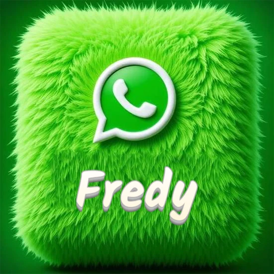 Cubo gigante cubierto de suave pelaje verde con el logotipo blanco de WhatsApp en 3D incrustado. Nombre en blanco suave que sigue la textura del pelaje en la parte inferior. Diseño con el nombre Fredy.