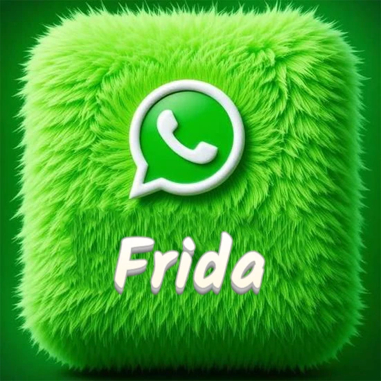 Cubo gigante cubierto de suave pelaje verde con el logotipo blanco de WhatsApp en 3D incrustado. Nombre en blanco suave que sigue la textura del pelaje en la parte inferior. Diseño con el nombre Frida.