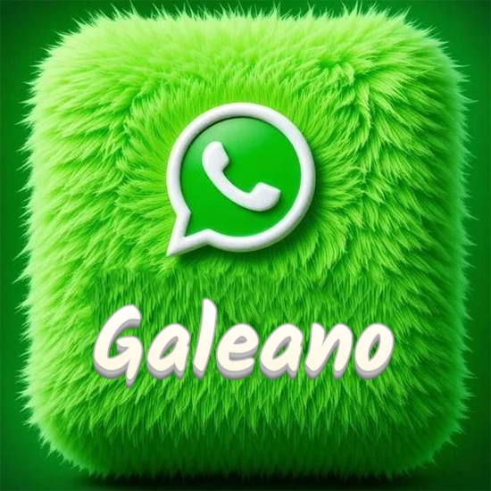 Cubo gigante cubierto de suave pelaje verde con el logotipo blanco de WhatsApp en 3D incrustado. Nombre en blanco suave que sigue la textura del pelaje en la parte inferior. Diseño con el nombre Galeano.
