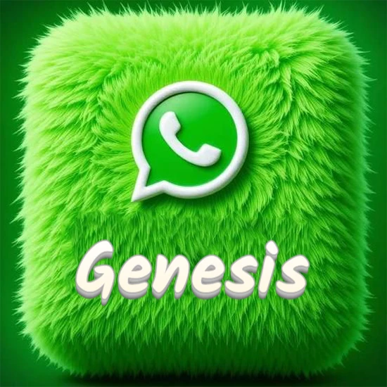 Cubo gigante cubierto de suave pelaje verde con el logotipo blanco de WhatsApp en 3D incrustado. Nombre en blanco suave que sigue la textura del pelaje en la parte inferior. Diseño con el nombre Genesis.