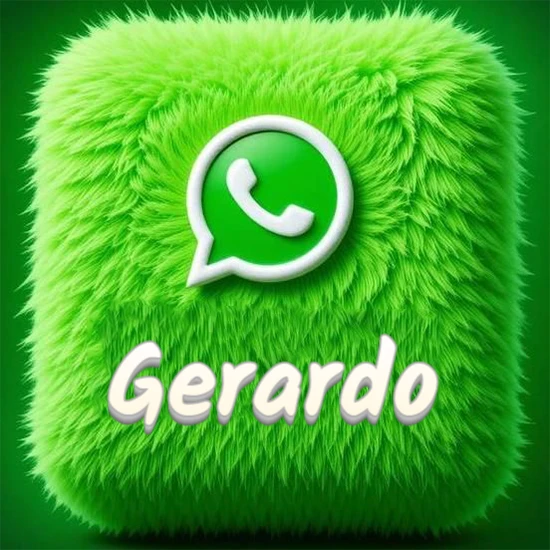 Cubo gigante cubierto de suave pelaje verde con el logotipo blanco de WhatsApp en 3D incrustado. Nombre en blanco suave que sigue la textura del pelaje en la parte inferior. Diseño con el nombre Gerardo.