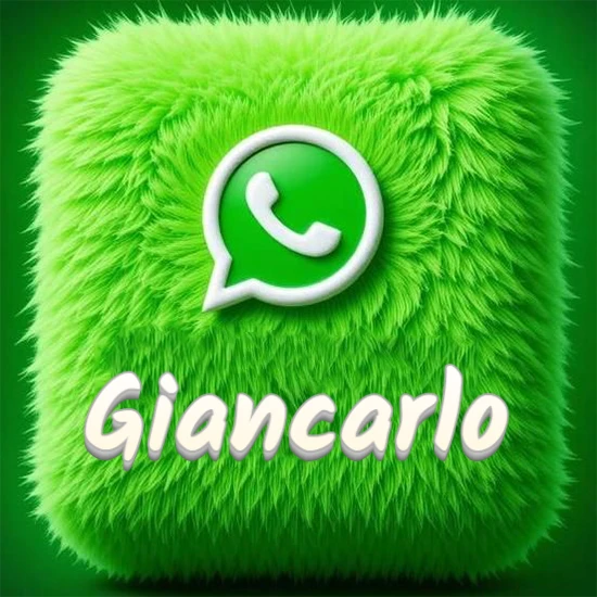 Cubo gigante cubierto de suave pelaje verde con el logotipo blanco de WhatsApp en 3D incrustado. Nombre en blanco suave que sigue la textura del pelaje en la parte inferior. Diseño con el nombre Giancarlo.