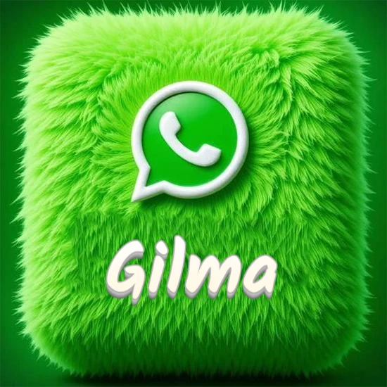 Cubo gigante cubierto de suave pelaje verde con el logotipo blanco de WhatsApp en 3D incrustado. Nombre en blanco suave que sigue la textura del pelaje en la parte inferior. Diseño con el nombre Gilma.