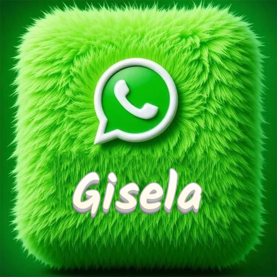 Cubo gigante cubierto de suave pelaje verde con el logotipo blanco de WhatsApp en 3D incrustado. Nombre en blanco suave que sigue la textura del pelaje en la parte inferior. Diseño con el nombre Gisela.