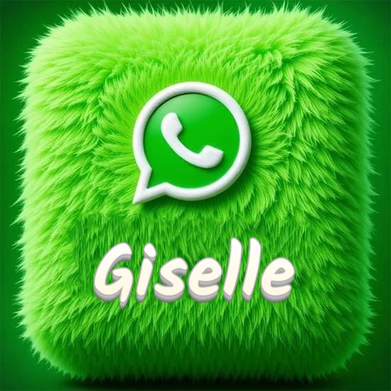 Cubo gigante cubierto de suave pelaje verde con el logotipo blanco de WhatsApp en 3D incrustado. Nombre en blanco suave que sigue la textura del pelaje en la parte inferior. Diseño con el nombre Giselle.
