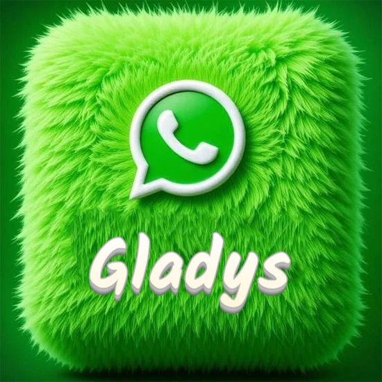 Cubo gigante cubierto de suave pelaje verde con el logotipo blanco de WhatsApp en 3D incrustado. Nombre en blanco suave que sigue la textura del pelaje en la parte inferior. Diseño con el nombre Gladys.
