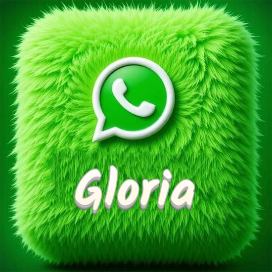 Cubo gigante cubierto de suave pelaje verde con el logotipo blanco de WhatsApp en 3D incrustado. Nombre en blanco suave que sigue la textura del pelaje en la parte inferior. Diseño con el nombre Gloria.