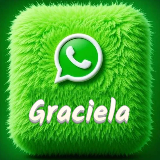 Cubo gigante cubierto de suave pelaje verde con el logotipo blanco de WhatsApp en 3D incrustado. Nombre en blanco suave que sigue la textura del pelaje en la parte inferior. Diseño con el nombre Graciela.