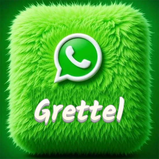 Cubo gigante cubierto de suave pelaje verde con el logotipo blanco de WhatsApp en 3D incrustado. Nombre en blanco suave que sigue la textura del pelaje en la parte inferior. Diseño con el nombre Grettel.