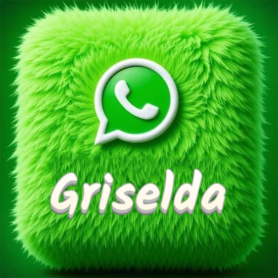 Cubo gigante cubierto de suave pelaje verde con el logotipo blanco de WhatsApp en 3D incrustado. Nombre en blanco suave que sigue la textura del pelaje en la parte inferior. Diseño con el nombre Griselda.