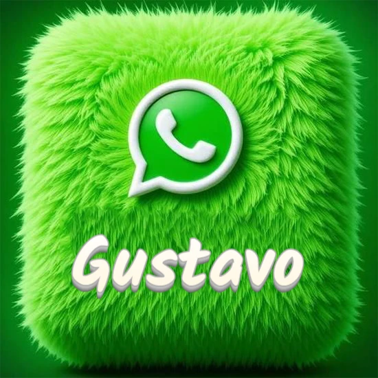 Cubo gigante cubierto de suave pelaje verde con el logotipo blanco de WhatsApp en 3D incrustado. Nombre en blanco suave que sigue la textura del pelaje en la parte inferior. Diseño con el nombre Gustavo.