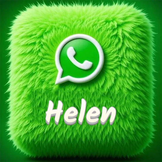 Cubo gigante cubierto de suave pelaje verde con el logotipo blanco de WhatsApp en 3D incrustado. Nombre en blanco suave que sigue la textura del pelaje en la parte inferior. Diseño con el nombre Helen.