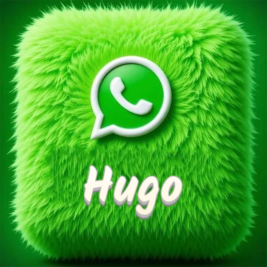 Cubo gigante cubierto de suave pelaje verde con el logotipo blanco de WhatsApp en 3D incrustado. Nombre en blanco suave que sigue la textura del pelaje en la parte inferior. Diseño con el nombre Hugo.