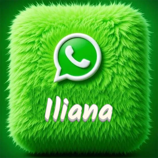 Cubo gigante cubierto de suave pelaje verde con el logotipo blanco de WhatsApp en 3D incrustado. Nombre en blanco suave que sigue la textura del pelaje en la parte inferior. Diseño con el nombre Iliana.