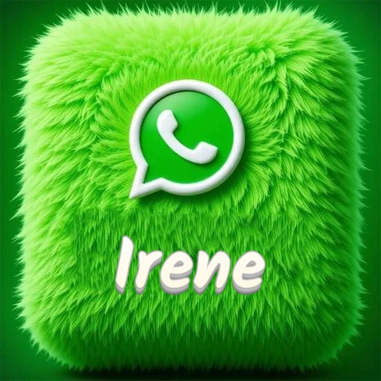 Cubo gigante cubierto de suave pelaje verde con el logotipo blanco de WhatsApp en 3D incrustado. Nombre en blanco suave que sigue la textura del pelaje en la parte inferior. Diseño con el nombre Irene.