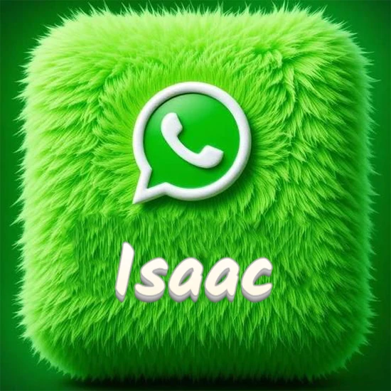 Cubo gigante cubierto de suave pelaje verde con el logotipo blanco de WhatsApp en 3D incrustado. Nombre en blanco suave que sigue la textura del pelaje en la parte inferior. Diseño con el nombre Isaac.