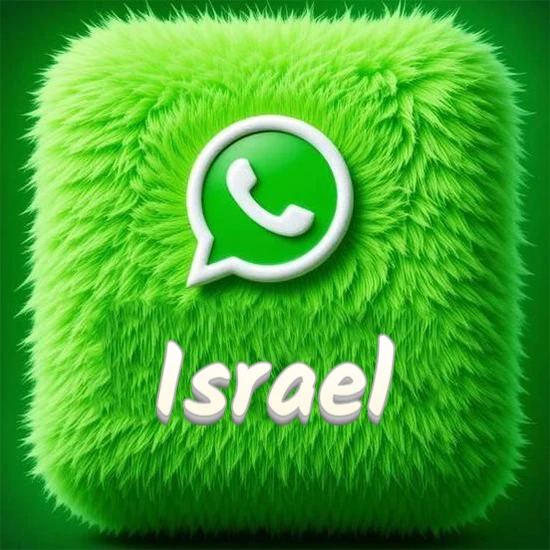 Cubo gigante cubierto de suave pelaje verde con el logotipo blanco de WhatsApp en 3D incrustado. Nombre en blanco suave que sigue la textura del pelaje en la parte inferior. Diseño con el nombre Israel.
