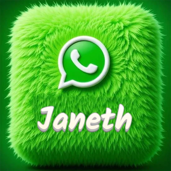 Cubo gigante cubierto de suave pelaje verde con el logotipo blanco de WhatsApp en 3D incrustado. Nombre en blanco suave que sigue la textura del pelaje en la parte inferior. Diseño con el nombre Janeth.
