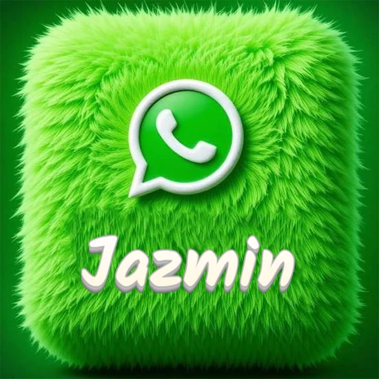 Cubo gigante cubierto de suave pelaje verde con el logotipo blanco de WhatsApp en 3D incrustado. Nombre en blanco suave que sigue la textura del pelaje en la parte inferior. Diseño con el nombre Jazmin.