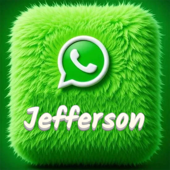 Cubo gigante cubierto de suave pelaje verde con el logotipo blanco de WhatsApp en 3D incrustado. Nombre en blanco suave que sigue la textura del pelaje en la parte inferior. Diseño con el nombre Jefferson.