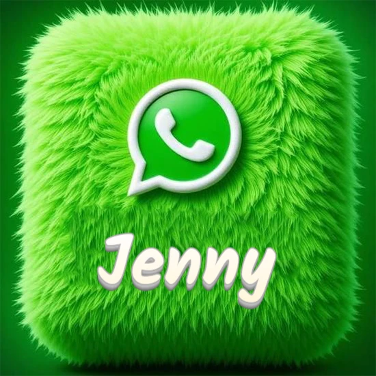 Cubo gigante cubierto de suave pelaje verde con el logotipo blanco de WhatsApp en 3D incrustado. Nombre en blanco suave que sigue la textura del pelaje en la parte inferior. Diseño con el nombre Jenny.