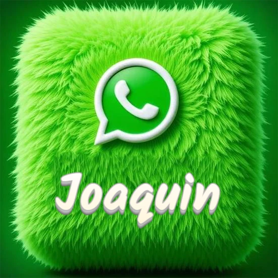 Cubo gigante cubierto de suave pelaje verde con el logotipo blanco de WhatsApp en 3D incrustado. Nombre en blanco suave que sigue la textura del pelaje en la parte inferior. Diseño con el nombre Joaquin.