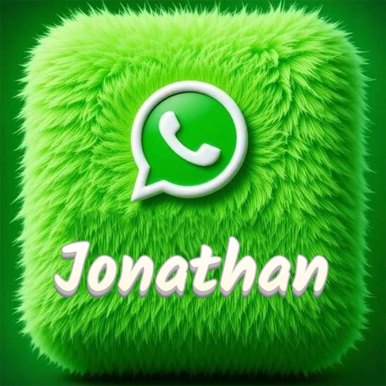 Cubo gigante cubierto de suave pelaje verde con el logotipo blanco de WhatsApp en 3D incrustado. Nombre en blanco suave que sigue la textura del pelaje en la parte inferior. Diseño con el nombre Jonathan.