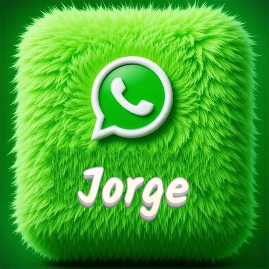 Cubo gigante cubierto de suave pelaje verde con el logotipo blanco de WhatsApp en 3D incrustado. Nombre en blanco suave que sigue la textura del pelaje en la parte inferior. Diseño con el nombre Jorge.