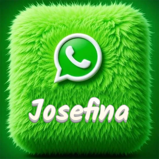 Cubo gigante cubierto de suave pelaje verde con el logotipo blanco de WhatsApp en 3D incrustado. Nombre en blanco suave que sigue la textura del pelaje en la parte inferior. Diseño con el nombre Josefina.