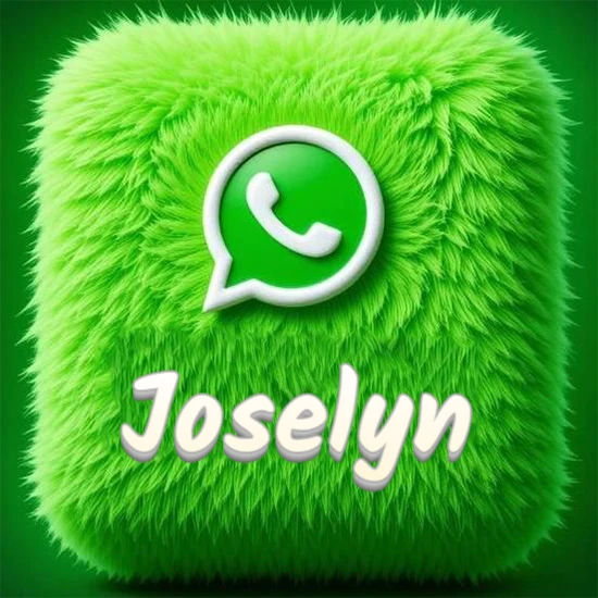 Cubo gigante cubierto de suave pelaje verde con el logotipo blanco de WhatsApp en 3D incrustado. Nombre en blanco suave que sigue la textura del pelaje en la parte inferior. Diseño con el nombre Joselyn.