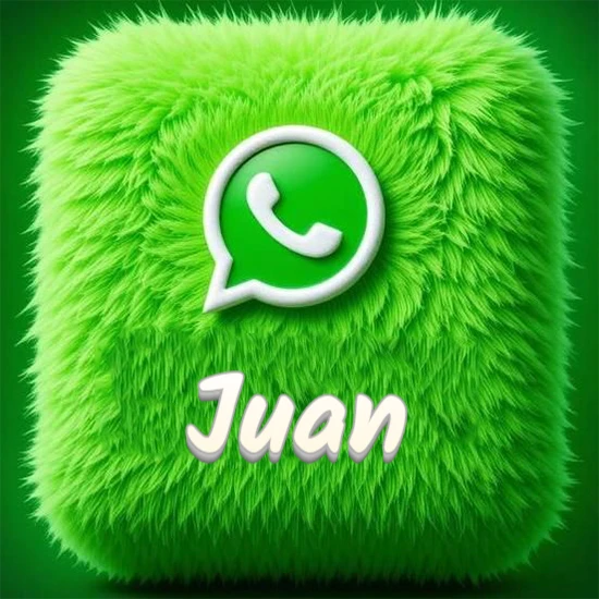 Cubo gigante cubierto de suave pelaje verde con el logotipo blanco de WhatsApp en 3D incrustado. Nombre en blanco suave que sigue la textura del pelaje en la parte inferior. Diseño con el nombre Juan.