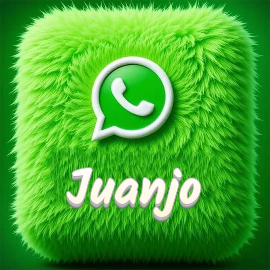 Cubo gigante cubierto de suave pelaje verde con el logotipo blanco de WhatsApp en 3D incrustado. Nombre en blanco suave que sigue la textura del pelaje en la parte inferior. Diseño con el nombre Juanjo.